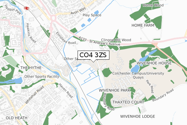 CO4 3ZS map - small scale - OS Open Zoomstack (Ordnance Survey)
