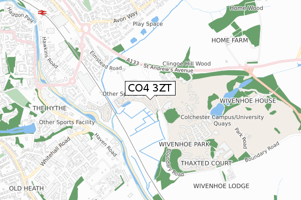 CO4 3ZT map - small scale - OS Open Zoomstack (Ordnance Survey)
