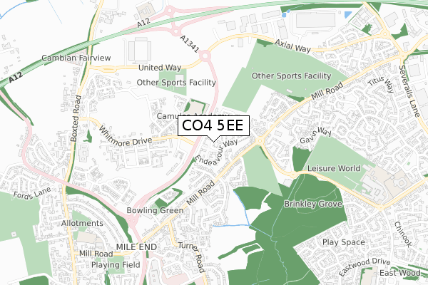 CO4 5EE map - small scale - OS Open Zoomstack (Ordnance Survey)