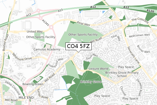 CO4 5FZ map - small scale - OS Open Zoomstack (Ordnance Survey)