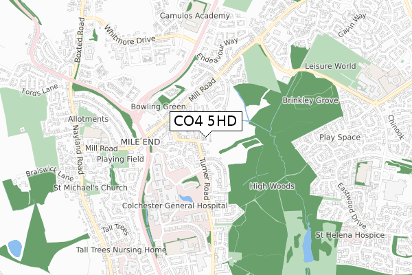 CO4 5HD map - small scale - OS Open Zoomstack (Ordnance Survey)