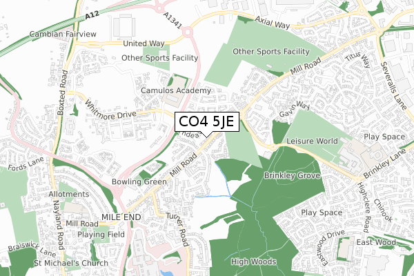 CO4 5JE map - small scale - OS Open Zoomstack (Ordnance Survey)