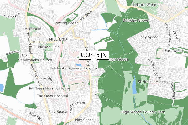 CO4 5JN map - small scale - OS Open Zoomstack (Ordnance Survey)