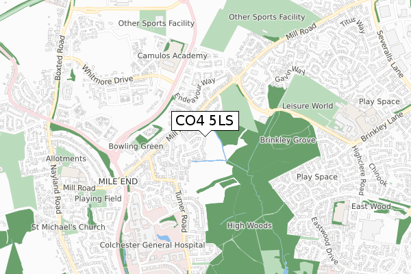 CO4 5LS map - small scale - OS Open Zoomstack (Ordnance Survey)