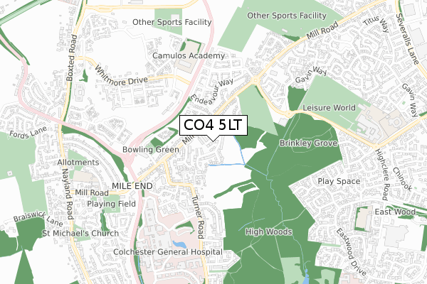 CO4 5LT map - small scale - OS Open Zoomstack (Ordnance Survey)