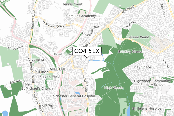 CO4 5LX map - small scale - OS Open Zoomstack (Ordnance Survey)
