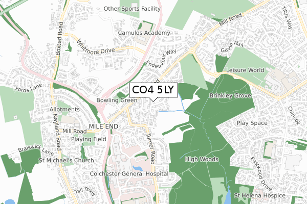 CO4 5LY map - small scale - OS Open Zoomstack (Ordnance Survey)