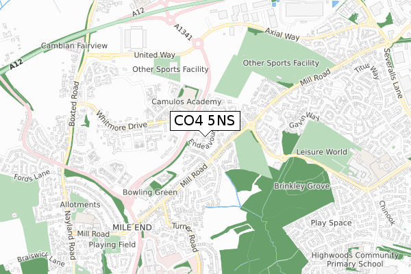 CO4 5NS map - small scale - OS Open Zoomstack (Ordnance Survey)