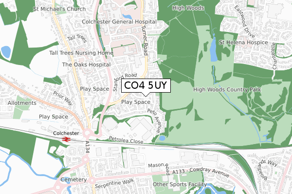 CO4 5UY map - small scale - OS Open Zoomstack (Ordnance Survey)
