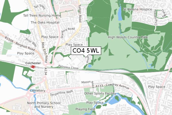 CO4 5WL map - small scale - OS Open Zoomstack (Ordnance Survey)