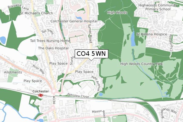 CO4 5WN map - small scale - OS Open Zoomstack (Ordnance Survey)