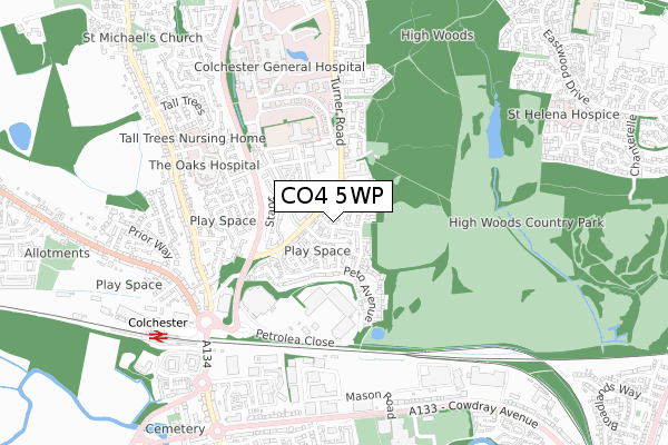 CO4 5WP map - small scale - OS Open Zoomstack (Ordnance Survey)