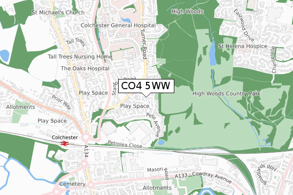 CO4 5WW map - small scale - OS Open Zoomstack (Ordnance Survey)