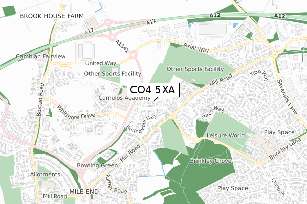 CO4 5XA map - small scale - OS Open Zoomstack (Ordnance Survey)