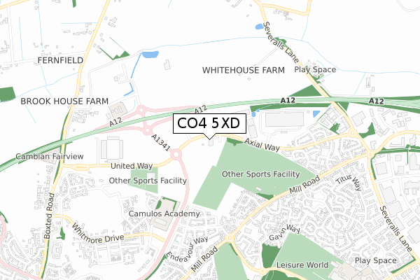 CO4 5XD map - small scale - OS Open Zoomstack (Ordnance Survey)