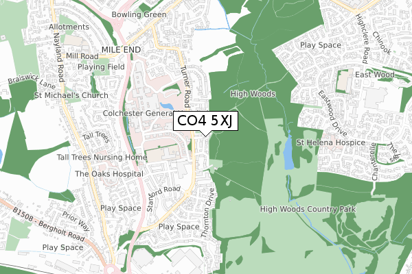 CO4 5XJ map - small scale - OS Open Zoomstack (Ordnance Survey)