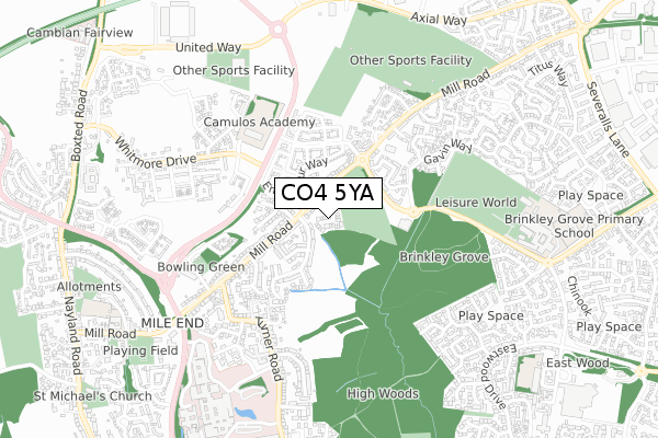 CO4 5YA map - small scale - OS Open Zoomstack (Ordnance Survey)