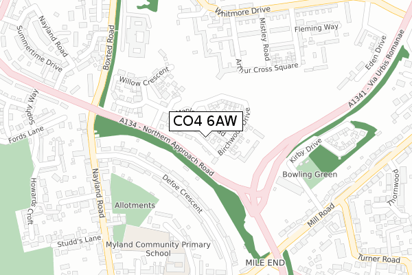 CO4 6AW map - large scale - OS Open Zoomstack (Ordnance Survey)