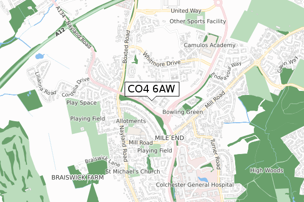 CO4 6AW map - small scale - OS Open Zoomstack (Ordnance Survey)