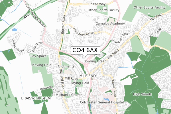 CO4 6AX map - small scale - OS Open Zoomstack (Ordnance Survey)