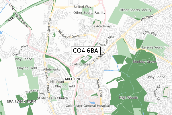 CO4 6BA map - small scale - OS Open Zoomstack (Ordnance Survey)