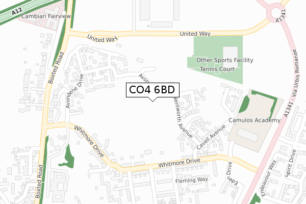 CO4 6BD map - large scale - OS Open Zoomstack (Ordnance Survey)