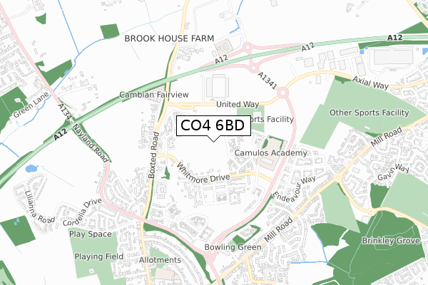 CO4 6BD map - small scale - OS Open Zoomstack (Ordnance Survey)