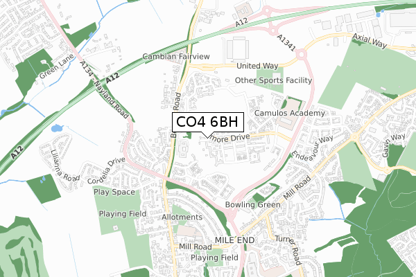 CO4 6BH map - small scale - OS Open Zoomstack (Ordnance Survey)