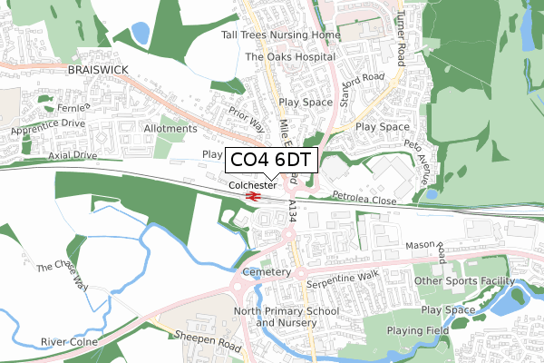 CO4 6DT map - small scale - OS Open Zoomstack (Ordnance Survey)