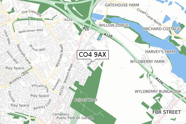 CO4 9AX map - small scale - OS Open Zoomstack (Ordnance Survey)