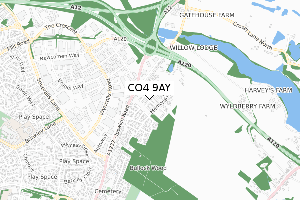 CO4 9AY map - small scale - OS Open Zoomstack (Ordnance Survey)
