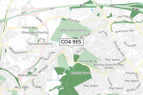 CO4 9ES map - small scale - OS Open Zoomstack (Ordnance Survey)