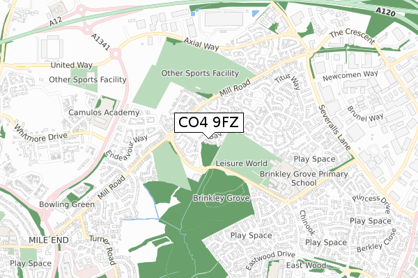CO4 9FZ map - small scale - OS Open Zoomstack (Ordnance Survey)