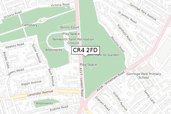 CR4 2FD map - large scale - OS Open Zoomstack (Ordnance Survey)