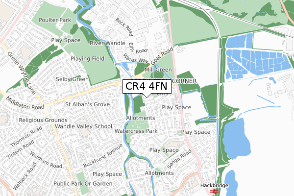 CR4 4FN map - small scale - OS Open Zoomstack (Ordnance Survey)