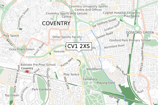 CV1 2XS map - small scale - OS Open Zoomstack (Ordnance Survey)