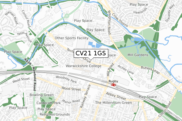 CV21 1GS map - small scale - OS Open Zoomstack (Ordnance Survey)