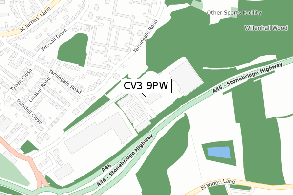 CV3 9PW map - large scale - OS Open Zoomstack (Ordnance Survey)