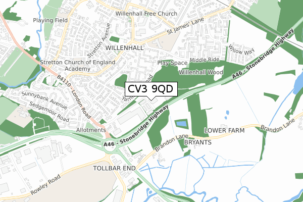 CV3 9QD map - small scale - OS Open Zoomstack (Ordnance Survey)