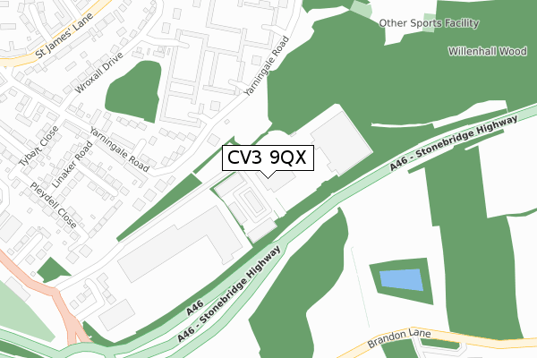 CV3 9QX map - large scale - OS Open Zoomstack (Ordnance Survey)