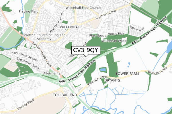 CV3 9QY map - small scale - OS Open Zoomstack (Ordnance Survey)