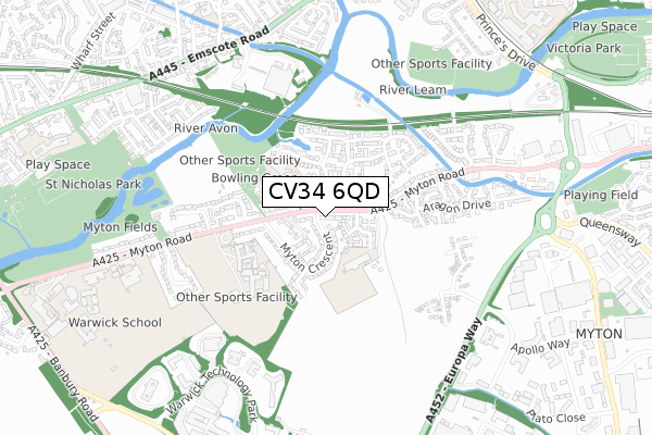 CV34 6QD map - small scale - OS Open Zoomstack (Ordnance Survey)