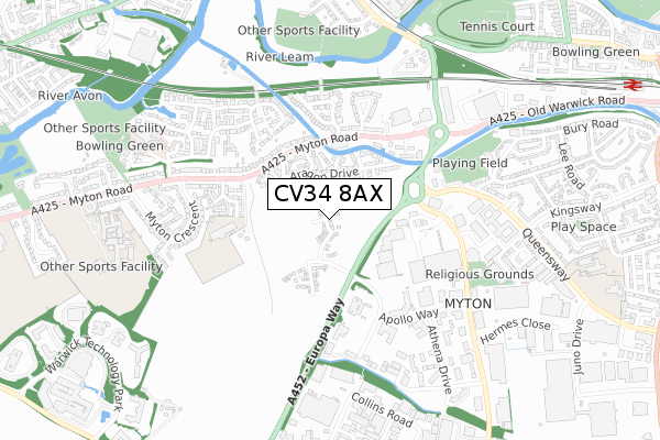 CV34 8AX map - small scale - OS Open Zoomstack (Ordnance Survey)