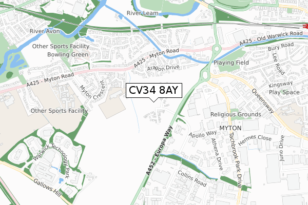 CV34 8AY map - small scale - OS Open Zoomstack (Ordnance Survey) CV34 8AY map - small scale - OS Open Zoomstack (Ordnance Survey)