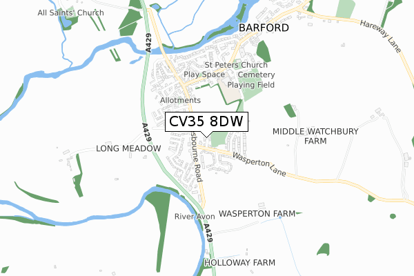CV35 8DW map - small scale - OS Open Zoomstack (Ordnance Survey)