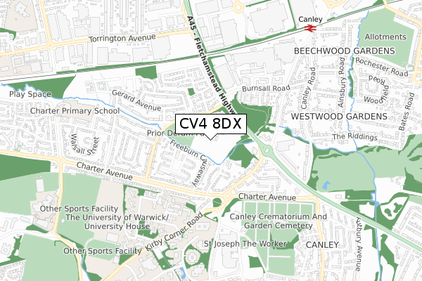 CV4 8DX map - small scale - OS Open Zoomstack (Ordnance Survey)