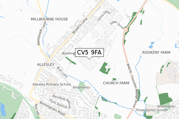 CV5 9FA map - small scale - OS Open Zoomstack (Ordnance Survey)