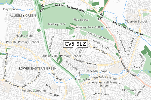 CV5 9LZ map - small scale - OS Open Zoomstack (Ordnance Survey)