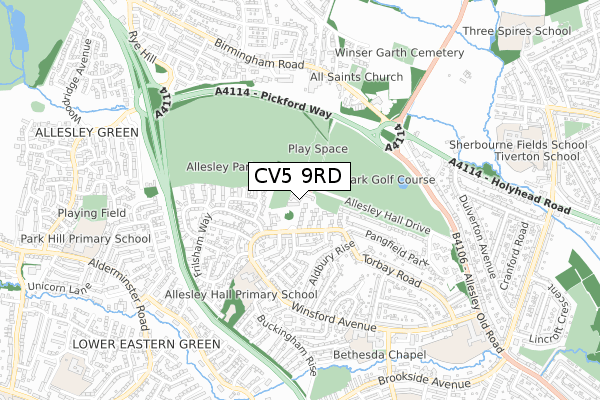 CV5 9RD map - small scale - OS Open Zoomstack (Ordnance Survey)