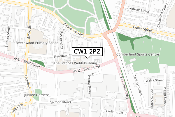 CW1 2PZ map - large scale - OS Open Zoomstack (Ordnance Survey)
